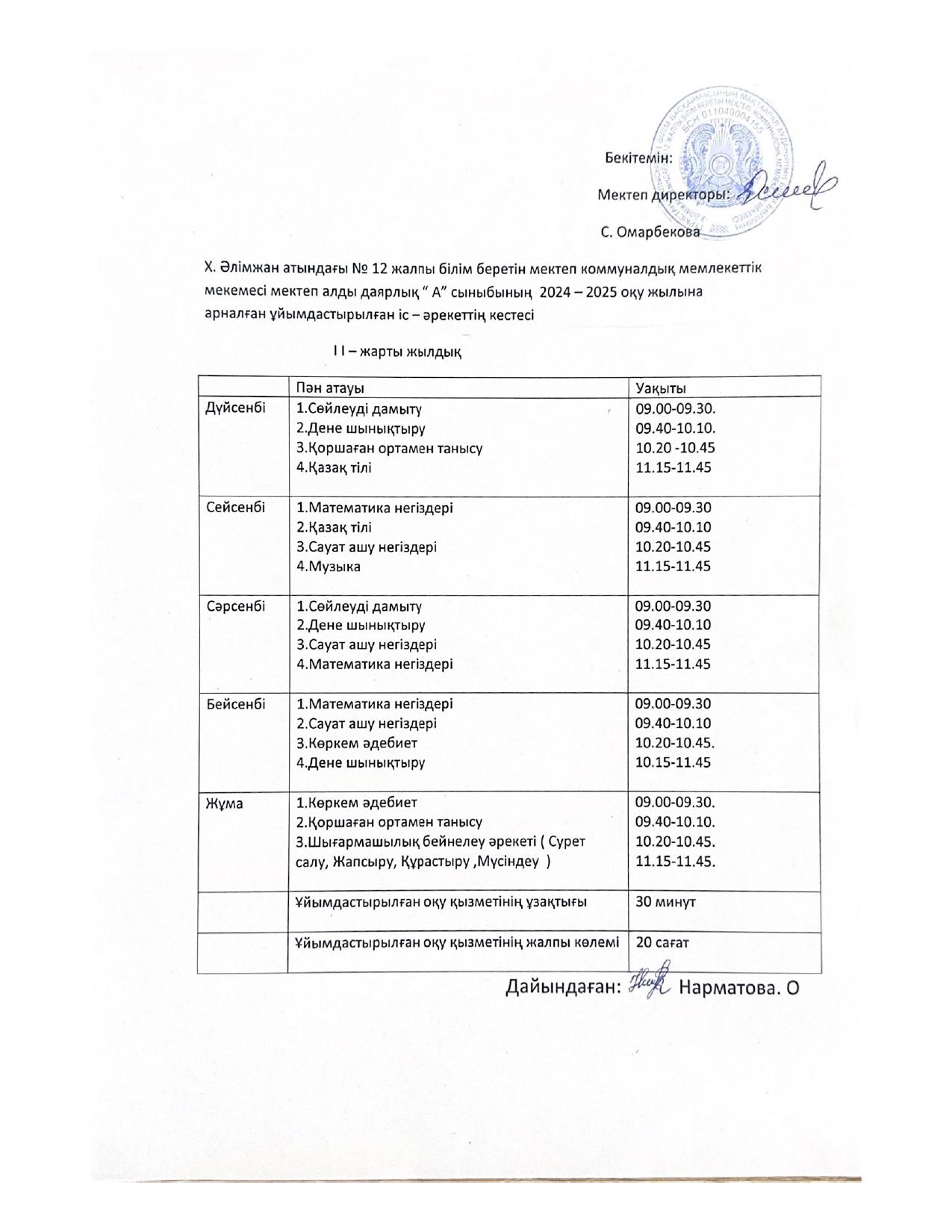 Сабақ кестесі